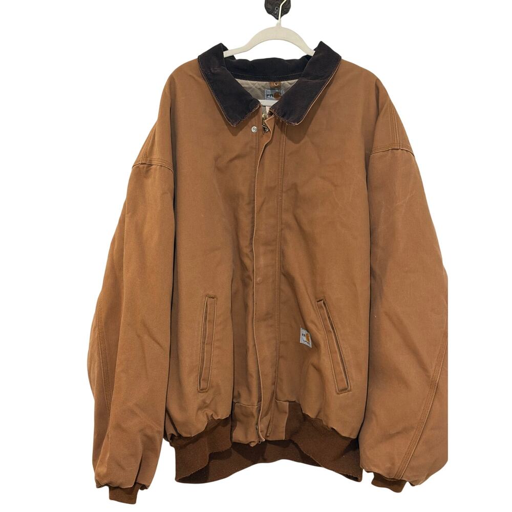 Carhartt FR Brown Duck Work Jacket Corduroy Collar Front Zip Collar Size 4XL
